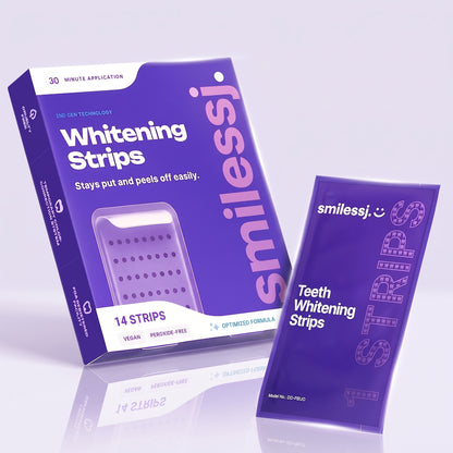 Tiras Blanqueadoras Dentales Moradas SMILESSJ™ - Fórmula PAP+ Segura para el Esmalte para la Eliminación Instantánea de Manchas (14 Tiras / 7 Tratamientos)