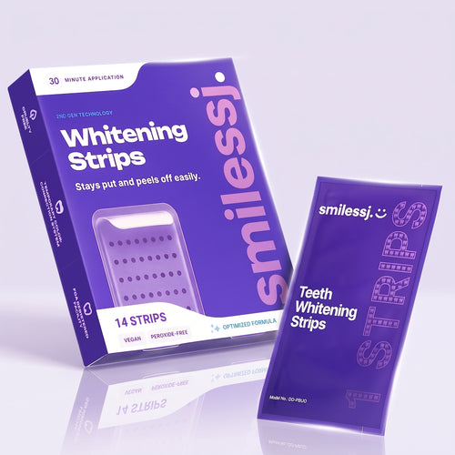 Tiras Blanqueadoras Dentales Moradas SMILESSJ™ - Fórmula PAP+ Segura para el Esmalte para la Eliminación Instantánea de Manchas (14 Tiras / 7 Tratamientos)